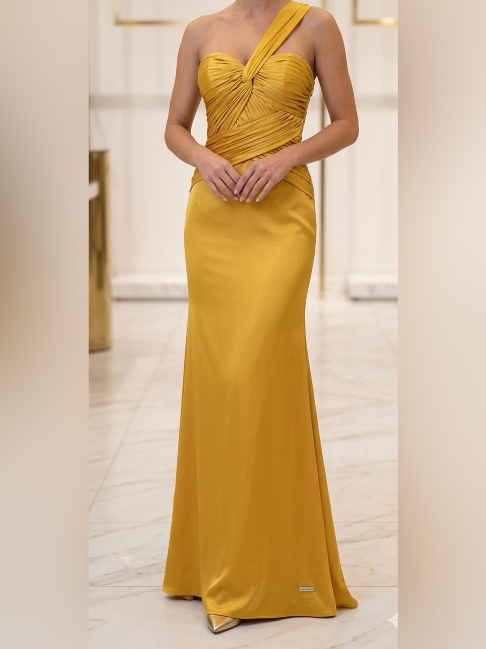 Strapless Golden Satin Evening Gown